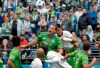 FILE - In this June 30, 2018, file photo, Seattle Sounders' Chad Marshall, center left, and Portland Timbers' Julio Cascante, center right, battle for a header in the first half of an MLS soccer match, in Seattle. Three-time MLS defender of the year Chad Marshall has announced his retirement due to injury, bringing an end to a 16-year career that included stints with the Columbus Crew and Seattle Sounders. Marshall announced his decision Wednesday, May 22, 2019, after missing Seattle's last two games with knee inflammation. (AP Photo/Ted S. Warren, File)