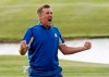 FILE - In this Sept. 30, 2018, file photo, Europe's Ian Poulter celebrates after defeating Dustin Johnson of the United States during a singles match on the final day of the 42nd Ryder Cup at Le Golf National in Saint-Quentin-en-Yvelines, France. Poulter is in Hawaii to start the new year, part of a bizarre set of circumstances where winning caused him to add two tournaments to his schedule. (AP Photo/Laurent Cipriani, File)