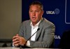 FILE - In this May 6, 2015, file photo , LPGA commissioner Mike Whan speaks during a press conference at The Players Championship golf tournament in Ponte Vedra Beach, Fla. Whan pulled the LPGA Tour out of a deep hole when he took over as commissioner nine years ago, and he’s not finished yet. Whan has signed what the LPGA described only as a long-term contract extension that keeps him in charge as women’s golf tries to expand its exposure through a new television contract being negotiated. (AP Photo/Chris O'Meara, File)