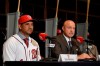 FILE - In this Nov. 2, 2017, file photo, Washington Nationals manager Dave Martinez, left, looks on next to general manager Mike Rizzo, right, as he speaks during a baseball news conference in Washington. As the start of spring training approaches, the Washington Nationals are waiting right along with the rest of the world to find out where Bryce Harper will be playing next season. (AP Photo/Nick Wass, File)