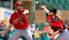 FILE - At left, in a Feb. 23, 2019, file photo, St. Louis Cardinals pitcher Miles Mikolas throws during the first inning of an exhibition spring training baseball game against the Miami Marlins, in Jupiter, Fla. At right, in a Feb. 28, 2019, file photo, Arizona Diamondbacks pitcher Merrill Kelly throws against the Cleveland Indians during the first inning of a spring training baseball game, in Scottsdale, Ariz. Perhaps no one was more invested in Miles Mickolas‚Äô return from Asia last season than Arizona right-hander Merrill Kelly, who is making a similar transition this year. (AP Photo/File)