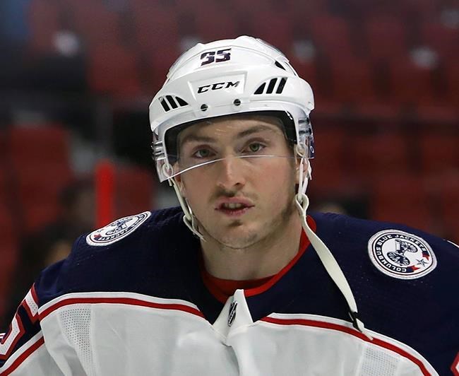 FILE - In this Feb. 22, 2019, file photo, Columbus Blue Jackets' Matt Duchene skates during warmups before an NHL hockey game against the Ottawa Senators in Ottawa. The Minnesota Wild have signed free agent right wing Mats Zuccarello to a five-year, $30 million contract, seeking more consistent production from their top two lines after their streak of six straight trips to the playoffs was snapped this spring. (Fred Chartrand/The Canadian Press via AP, File)