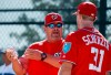FILE - In this Feb. 17, 2018, file photo, Washington Nationals pitching coach Derek Lilliquist, left, talks with pitcher Max Scherzer during baseball spring training in West Palm Beach, Fla. The Nationals have fired Lilliquist. Minor league pitching coordinator Paul Menhart has been promoted to replace Lilliquist. General manager Mike Rizzo made the announcement Thursday, May 2, moments after the Nationals defeated the St. Louis Cardinals 2-1. (AP Photo/Jeff Roberson, File)