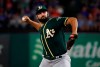 FILE - In this Sept. 14, 2019, file photo, Oakland Athletics relief pitcher Lou Trivino works against the Texas Rangers during a baseball game in Arlington, Texas. Trivino will miss the rest of the regular season and likely the playoffs after cracking a rib falling in the shower. Manager Bob Melvin said Tuesday, Sept. 24, he did not expect Trivino to be available in the postseason should the A’s secure a spot after the 27-year-old right-hander was injured in his Bay Area apartment last week. “We’re saying, for sure, the regular season,” Melvin said. “He’s going to get a second opinion, I think, at some point in time here, but it doesn’t look great, unfortunately.” (AP Photo/Tony Gutierrez, File)