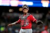 FILE - In this Tuesday, June 6, 2017 file photo, Los Angeles Angels catcher Martin Maldonado looks towards the dugout during the sixth inning of a baseball game against the Detroit Tigers in Detroit. The Kansas City Royals have finalized a $2.5 million, one-year deal with Martin Maldonado, giving them a veteran catcher after losing Salvador Perez to a season-ending injury. The deal announced Monday, March 11, 2019 includes up to $1.4 million in performance bonuses for games caught. (AP Photo/Carlos Osorio, File)
