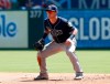 FILE - In this Sept. 19, 2018, file photo, Tampa Bay Rays first baseman Jake Bauers plays during the second inning of the team's baseball game against the Texas Rangers in Arlington, Texas. Bauers came to the Cleveland Indians in an off-season trade and the Indians are hoping the 23-year-old can help them fill the run-producing void left after the team traded Edwin Encarnacion and Yonder Alonso and decided not to re-sign All-Star outfielder Michael Brantley. (AP Photo/Mike Stone, File)