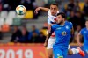FILE - In this May 24, 2019, file photo, Ukraine's Serhii Buletsa, front, duels for the ball with United States' Sergino Dest during a Group D U20 World Cup soccer match in Bielsko Biala, Poland. Dest, an 18-year-old Ajax outside back eligible for the United States and the Netherlands, could make his U.S. debut in Friday's exhibition against Mexico but also has been in contact with the Dutch soccer federation. (AP Photo/Sergei Grits, File)