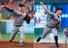 FILE - At left, in an Oct. 5, 2018, file photo, Cleveland Indians starting pitcher Corey Kluber delivers a pitch against the Houston Astros during the first inning in Game 1 of an American League Division Series baseball game, in Houston. At right, in a July 31, 2018, file photo, Cleveland Indians' Trevor Bauer throws against the Minnesota Twins during the first inning of a baseball game, in Minneapolis. The Indians swung a wrecking ball at their roster this offseason. And while the Indians made numerous moves, they didn‚Äôt pull the trigger on a blockbuster trade involving All-Star pitchers Corey Kluber or Trevor Bauer. (AP Photo/File)