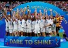 FILE - In this July 7, 2019, file photo, the United States team celebrates with the trophy after winning the Women's World Cup final soccer match against the Netherlands in Decines, France. Across the National Women's Soccer League (NWSL), attendance overall is up about 15 percent this year, with the most dramatic upward swings coming after U.S. national team‚Äôs victory this summer at the World Cup in France. (AP Photo/Alessandra Tarantino, File)