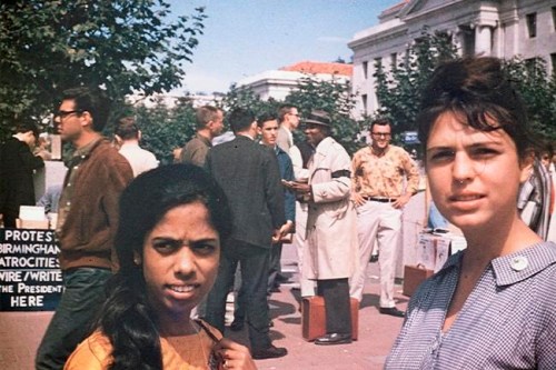 This undated photo provided by the Kamala Harris campaign in April 2019 shows her mother, Shyamala Gopalan, left, and her mother's friend, Lenore Pomerance, during a civil rights protest at Berkeley, Calif. (Kamala Harris campaign via AP)