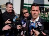 FILE - In this Feb. 4, 2019, file photo, New York Mets general manger Brodie Van Wagenen, right, speaks to reporters during a photo opportunity at Citi Field in New York. Heading into his first spring training as Mets GM, the former player agent has already overseen a major overhaul to the roster that has New York eyeing the playoffs in a beefed-up NL East. (AP Photo/Seth Wenig, File)