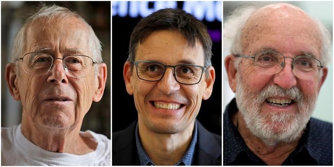 This combination of Oct. 8, 2019, photos shows the Nobel Prize winners in Physics, from left, James Peebles in Princeton, N.J., Didier Queloz in London and Michel Mayor in Madrid. Peebles, an emeritus professor at Princeton University, won for his theoretical discoveries in cosmology. Swiss star-gazers Mayor, and Queloz, both of the University of Geneva, were honored for finding an exoplanet — a planet outside our solar system — that orbits a sun-like star, the Nobel committee said. (AP Photo)