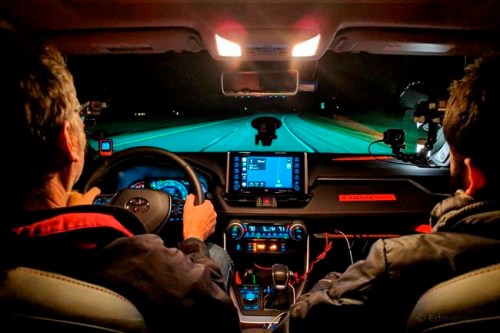 This December 2018 photo provided by Edmunds shows the navigation screen of the 2019 Toyota RAV4, which a team of Edmunds editors drove through the 48 contiguous states in seven days. While Apple CarPlay and Android Auto are convenient, letting you operate a smartphone's navigation apps via a vehicle's touchscreen, only built-in navigation will allow you to see maps and establish guidance when data-level cell service is not present. That's the case in lots of areas around the U.S. (Edmunds via AP)
