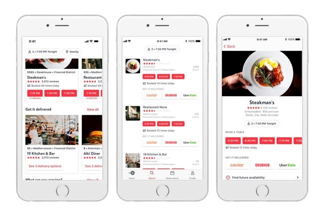 This undated product image provided by OpenTable shows the new delivery option for diners on OpenTable’s app. The restaurant reservation company said Wednesday, July 24, 2019, that it’s adding food delivery to keep up with customer demand. (OpenTable via AP)