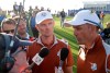 FILE - In this Sept. 29, 2018 file photo, Europe's Justin Rose, center, and Europe's Henrik Stenson are interviewed after winning a foursome match on the second day of the 42nd Ryder Cup at Le Golf National in Saint-Quentin-en-Yvelines, outside Paris, France. The PGA Tour is experimenting this year on whether to have short interviews with players during their rounds. (AP Photo/Matt Dunham, File)