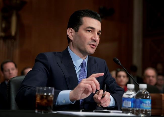 FILE - In this April 5, 2017, file photo, Dr. Scott Gottlieb speaks during his confirmation hearing before a Senate committee, in Washington, as President Donald Trump's nominee to head the Food and Drug Administration. The Food and Drug Administration Commissioner is stepping down after nearly two years leading the agency. Health and Human Services Secretary Alex Azar announced Gottlieb’s plan resignation in a statement Tuesday, March 5, 2019. (AP Photo/J. Scott Applewhite, File)