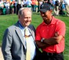 FILE - In this June 3, 2012, file photo, Jack Nicklaus, left, talks with Tiger Woods after Woods won the Memorial golf tournament at the Muirfield Village Golf Club in Dublin, Ohio. Winning his 15th major has renewed the conversation of whether he can catch the record held by Nicklaus. (AP Photo/Tony Dejak, File)