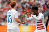 FILE - In this May 28, 2018, file photo, United States' Josh Sargent, left, and Tim Weah celebrate during an international friendly soccer match against Bolivia in Chester, Pa. Weah was included on the U.S. roster for the FIFA Under-20 World Cup on Friday, May 10, 2019, but Sargent was not, making it likely he will be with the senior national team at the CONCACAF Gold Cup this summer. (AP Photo/Matt Slocum, File)