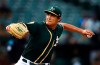 FILE - In this Aug. 13, 2018, file photo, Oakland Athletics pitcher Sean Manaea works against the Seattle Mariners in the first inning of a baseball game in Oakland, Calif. Manaea is scheduled to start Sunday, Sept. 1, 2019, for the Oakland at Yankee Stadium, his season debut after recovering from left shoulder surgery. (AP Photo/Ben Margot, File)