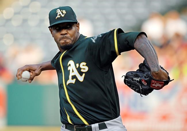 FILE - In this Aug. 11, 2018, file photo, Oakland Athletics starting pitcher Edwin Jackson throws during the first inning of a baseball game against the Los Angeles Angels in Anaheim, Calif. Jackson was acquired by Toronto from Oakland for cash on Saturday, May 11, 2019, and would set a record by pitching for 14 major league teams when he makes his Blue Jays debut. (AP Photo/Mark J. Terrill, File)