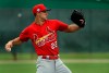 FILE - In this Feb. 13, 2019, file photo, St. Louis Cardinals pitcher Jack Flaherty throws during spring training baseball practice Wednesday,, in Jupiter, Fla. The 23-year-old put on a show in his most recent spring start, striking out nine batters over a scoreless four innings, including seven batters in a row at one point. (AP Photo/Jeff Roberson, File)