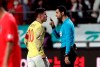 FILE - In this March 26, 2019, file photo, Colombia's James Rodriguez argues with referee Abdulrahman Al Jassim during a friendly soccer match between South Korea and Colombia at Seoul World Cup Stadium in Seoul, South Korea. Abdulrahman Al Jassim, from Qatar which is the host of the 2022 World Cup, was selected as one of the 16 referees for this year's CONCACAF Gold Cup. (AP Photo/Lee Jin-man, File)