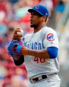 FILE- In this June 24, 2018, file photo, Chicago Cubs relief pitcher Pedro Strop reacts in the seventh inning of a baseball game against the Cincinnati Reds in Cincinnati. Strop has a strained right hamstring, eliminating the likely candidate to close at the start of the season as Brandon Morrow recovers from elbow surgery. (AP Photo/John Minchillo, File)