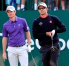 FILE - In this July 18, 2014, file photo, Adam Scott, of Australia, watches his shot off the first tee with Justin Rose, of England, during the second day of the British Open Golf championship at the Royal Liverpool golf club, Hoylake, England. Scott and Rose gained PGA Tour membership on the same day, with Scott winning TPC Boston and Rose third. These longtime friends have now surpassed $50 million in career earnings on the same day, this time with Rose winning at Torrey Pines. (AP Photo/Jon Super, File)