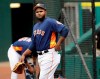 FILE - In this June 9, 2017, file photo, Houston Astros pitcher Francis Martes waits to warm up before a baseball against the Los Angeles Angeles in Houston. Martes has been suspended for 80 games following a positive test for the banned performance-enhancing drug Clomiphene, the league announced Tuesday, March 1, 2019. (AP Photo/David J. Phillip, File)