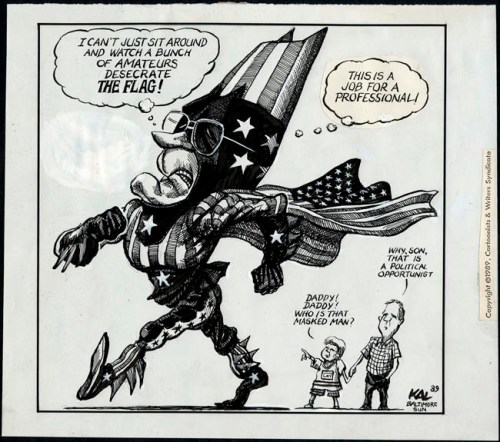 This image provided by Kevin Kallaugher shows “I Can’t Just Sit Around...,” by editorial cartoonist Kevin Kallaugher, that is one of dozens of political cartoons focusing on the First Amendment in a new exhibit, “Front Line: Editorial Cartoonists and the First Amendment” at Ohio State University’s Billy Ireland Cartoon Library & Museum in Columbus, Ohio. The display runs the gamut from a 1774 cartoon by Paul Revere criticizing Britain’s use of tea as a political weapon to a 2018 cartoon lampooning the blocking of online conservative commentary. (Kevin Kallaugher via AP)
