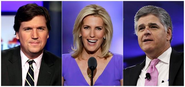 This combination photo shows, from left, Tucker Carlson, host of