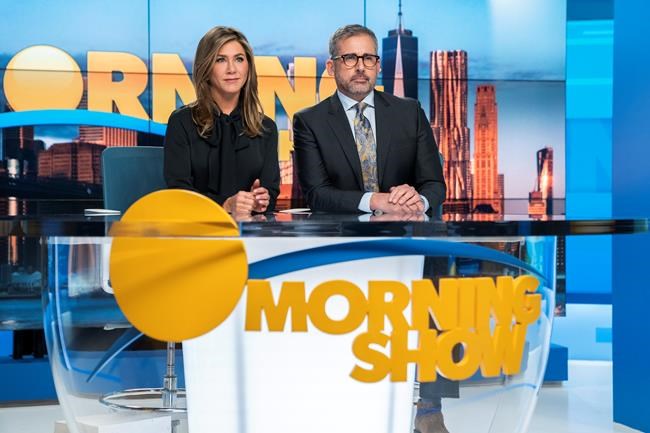 This image released by Apple TV Plus shows Jennifer Aniston, left, and Steve Carell in a scene from