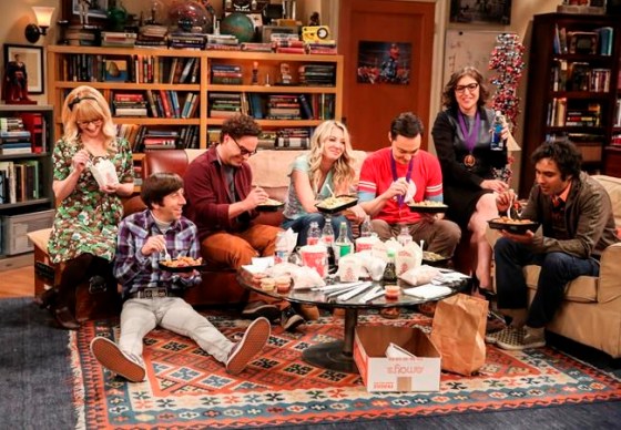 This photo provided by CBS shows Melissa Rauch, from left, Simon Helberg, Johnny Galecki, Kaley Cuoco, Jim Parsons, Mayim Bialik and Kunal Nayyar in a scene from the series finale of 