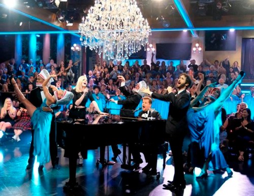 This Sept. 26, 2018 image released by CBS shows Sophie Turner, left, and Josh Groban, right, performing 