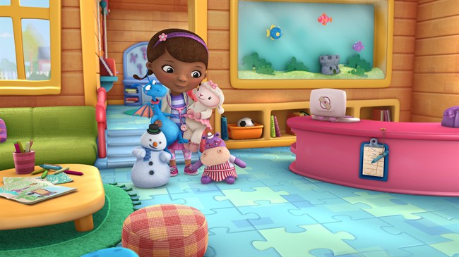 In this image released by Disney Junior, the character Doc McStuffins is shown with her stuffed animal friends, from left, Chilly, Stuff, Lambie and Hallie in a scene from Disney Junior's animated series