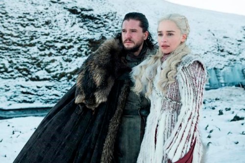 This photo released by HBO shows Kit Harington as Jon Snow, left, and Emilia Clarke as Daenerys Targaryen in a scene from 