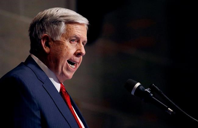 FILE - In this Jan. 16, 2019, file photo, Missouri Gov. Mike Parson delivers his State of the State address in Jefferson City, Mo. Missouri's Republican-led Legislature has passed a sweeping bill to ban abortions at eight weeks of pregnancy, and Republican Gov. Parson is expected to sign it. The House approved the measure Friday May 17, 2019. (AP Photo/Charlie Riedel, File)