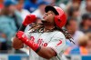 Philadelphia Phillies' Maikel Franco (7) reacts running down the third base line after hitting a two-run, home run during the sixth inning of a baseball game against the New York Mets, Sunday, Sept. 8, 2019, in New York. (AP Photo/Kathy Willens)