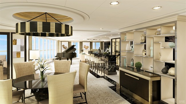 This photo of a rendering provided Tuesday, Jan. 13, 2015, by Regent Seven Seas Cruises depicts the living room from a one-of-a-kind luxury suite on the cruise line’s forthcoming ship, the Seven Seas Explorer, which is expected to debut in the summer of 2016. The suite, which includes a grand piano, is being billed as one of the largest and most expensive suites ever offered at sea: 3,875 square feet and $5,000 per person, per night, with a two-person minimum occupancy. (AP Photo/Regent Seven Seas Cruises/Spine)