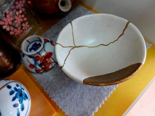 This Nov. 11, 2018 photo shows an example of Kintsugi at the Kuge Crafts workshop in Tokyo. Kintsugi is an ancient Japanese method of repairing broken pottery with gold that creates a new work of art. (Linda Lombardi via AP)