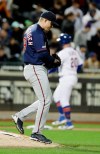Minnesota Twins relief pitcher Trevor Hildenberger reacts after walking in a run during the fifth inning of the team's baseball game against the New York Mets on Wednesday, April 10, 2019, in New York. (AP Photo/Frank Franklin II)