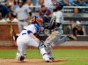 New York Mets catcher Tomas Nido (3) reaches out trying to tag San Diego Padres' Manuel Margot scores on Eric Hosmer's third inning sacrifice fly in a baseball game, Wednesday, July 24, 2019, in New York. Nido lost control of the ball on the play. (AP Photo/Kathy Willens)