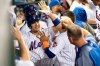 New York Mets' Michael Conforto (30) celebrates after hitting a home run during the sixth inning of a baseball game against the Cleveland Indians, Tuesday, Aug. 20, 2019, in New York. (AP Photo/Mary Altaffer)