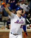 New York Mets' Pete Alonso reacts running down the first base line after hitting a solo home run that surpassed the Mets' single season home run record during the fourth inning of a baseball game against the Chicago Cubs, Tuesday, Aug. 27, 2019, in New York. (AP Photo/Kathy Willens)