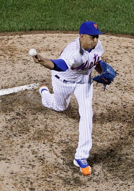 New York Mets' Edwin Diaz throws during the ninth inning of the team's baseball game against the Miami Marlins on Saturday, May 11, 2019, in New York. The Mets won 4-1. (AP Photo/Frank Franklin II)