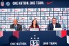 Carlos Cordeiro, left, president of the United States Soccer Federation, and Kate Markgraf, center, general manager of the United States women's national soccer team, listen as Vlatko Andonovski, right, speaks during a news conference, Monday, Oct. 28, 2019, in New York. Cordeiro named Andonovski as head coach in U.S. Women's National Team on Monday.(AP Photo/Mary Altaffer)