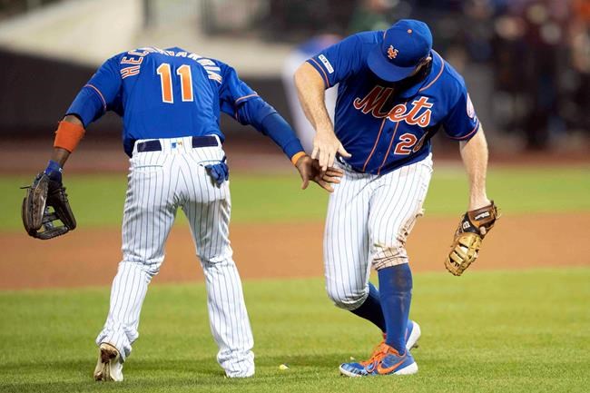 New York Mets' Pete Alonso (20) and Adeiny Hechavarria (11) react at the end of the the second game of a baseball doubleheader after they defeated the Miami Marlins, Monday, Aug. 5, 2019, in New York. (AP Photo/Mary Altaffer)