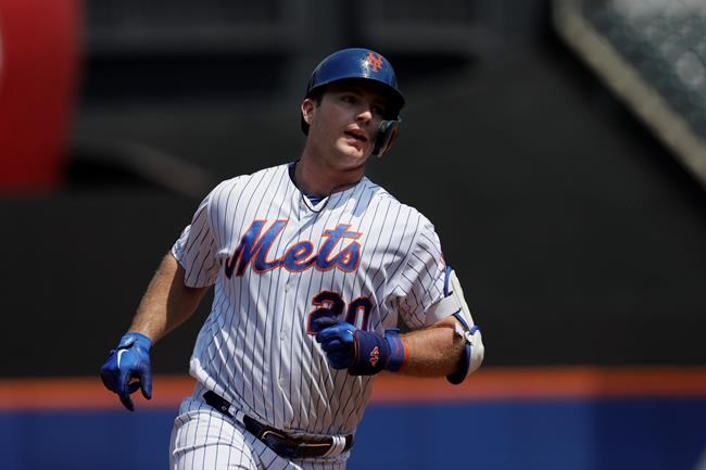 New York Mets' Pete Alonso rounds the bases with a two-run home run against the Miami Marlins in the first inning of a baseball game, Wednesday, Aug. 7, 2019, in New York. (AP Photo/Mark Lennihan)