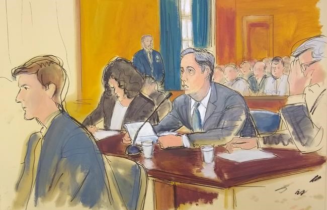 In this courtroom sketch, Michael Cohen, center, reads a statement in federal court in New York, Thursday, Nov. 29, 2018. President Donald Trump's former lawyer made a surprise appearance before a federal judge in New York on Thursday and pleaded guilty to lying to Congress about work he did on an aborted project to build a Trump Tower in Russia. (Elizabeth Williams via AP)