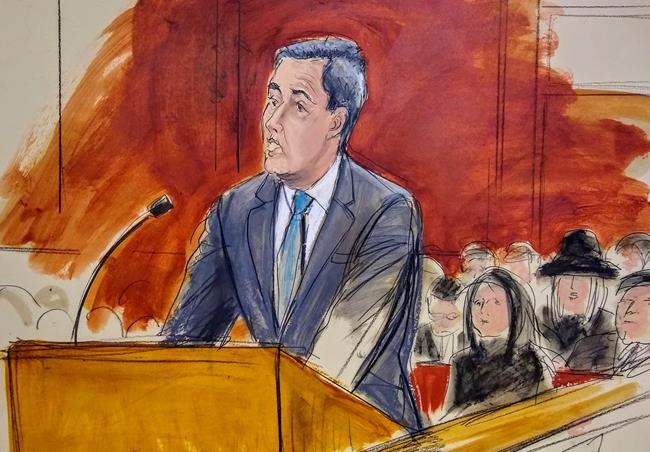 In this courtroom sketch, Michael Cohen addresses the court during his sentencing hearing, Wednesday, Dec. 12, 2018 in New York federal court. President Donald Trump's once-devoted lawyer and all-around fixer, was sentenced to three years in prison for allowing what he said was his